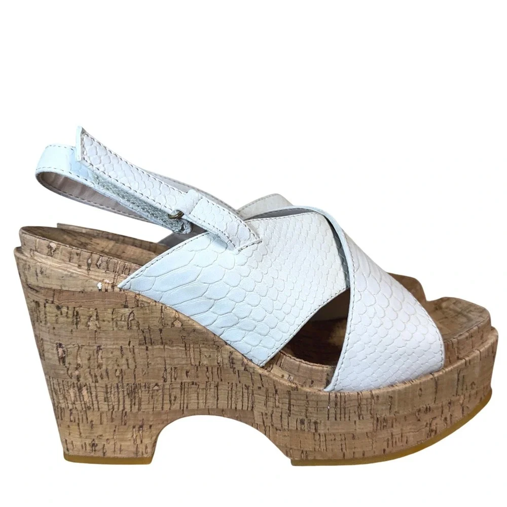 Daybreaks by Nina White Snakeskin Embossed Cork Platform Wedge Sandals Size 8.5M